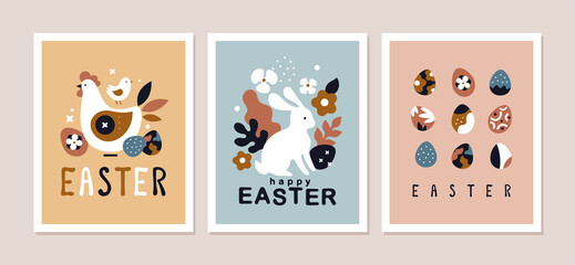 Modern Easter Cards collection. Vector  illustration of three abstract Easter cards in contemporary flat style and boho colours with Easter eggs, bunny, chickens and flowers.