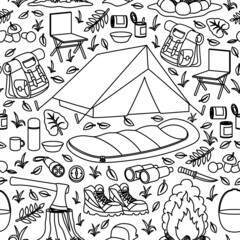 Sticker - Seamless pattern with items for hiking and outdoor recreation on a white background. 