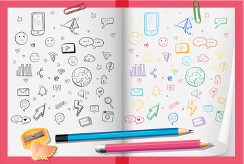 Canvas Print - Hand drawn doodle icons on paper with pencils