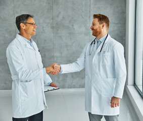 Wall Mural - doctor hospital team teamwork health medicine healthcare meeting handshake agreement hand shake shaking senior  introduction greeting medical