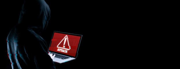 Cyber hacker attack concept. Internet web hack technology. Blurred Digital laptop in hacker man hand isolated on black with glitch effect. Information security terms cybersecurity banner.