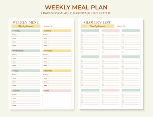Fototapete - Minimalist Weekly Meal Planner printable template. Meal planning and groceries list. Healthy meal plan for diet and food. Vector template.