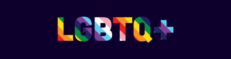Sticker - LGBTQ Pride Banner. LGBTQ+ Typography with Rainbow Flag Stripe Pattern Isolated on Dark Blue Background. 