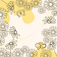 Abstract Nature Background. Chamomile Flower With Sunflower And Butterfly Illustration. Hand Drawn Vector. Blank Space Design Template. Wallpaper, Poster, Greeting And Invitation Card, Postcard, Cover