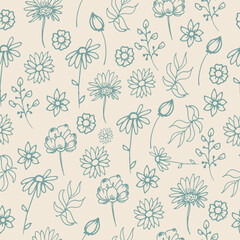  nature monochrome background. vintage style. seamless pattern with flower and leaf illustration isolated on pastel color. hand drawn vector. wallpaper, wrapping paper and gift, fabric, textile. 