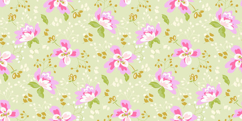 Wall Mural - Vintage beautiful floral seamless pattern design, pretty pink flowers and green leaves on a pastel green background