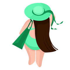 Young woman in plus size swimsuit and hat