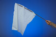 Improvised white surrender or peace flag. Made from wooden stick and torn white cloth. Held by Caucasian male hand. Close up studio shot, isolated on blue background