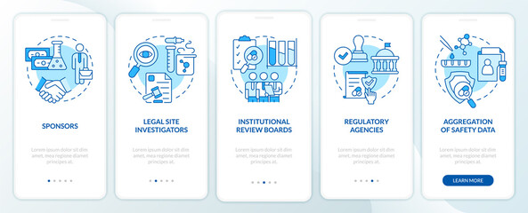 Wall Mural - safety blue onboarding mobile app screen. clinical trials protection walkthrough 5 steps graphic ins