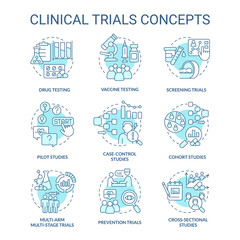 Sticker - Clinical trials turquoise concept icons set. Healthcare study. Science medical research idea thin line color illustrations. Isolated symbols. Editable stroke. Roboto-Medium, Myriad Pro-Bold fonts used