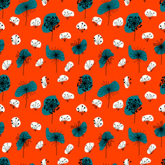 Orange seamless background with doodle flowers, vector grafic.