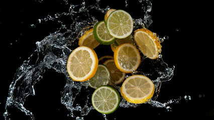 Fototapete - Freeze motion of sliced limes and lemons in water splash.