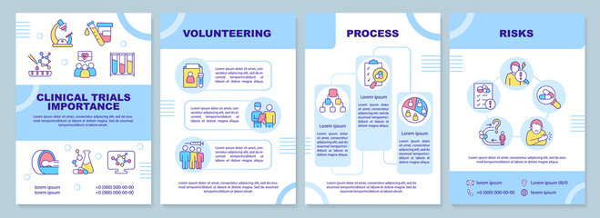 Clinical trials blue brochure template. Medical program. Leaflet design with linear icons. 4 vector layouts for presentation, annual reports. Arial-Black, Myriad Pro-Regular fonts used