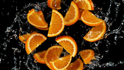 Fototapete - Freeze motion of sliced oranges in water splash.