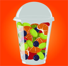 CUP Of Fruit Salad, Strawberry, Orange, Green Grape And Blueberry