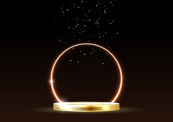 Wall Mural - Glowing neon golden circle with sparkles in fog on gold podium. Abstract round electric light frame on dark background