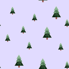 Christmas trees on violet watercolor background isolated.Seamless pattern aquarelle. Hand drawn design element illustrated for web sites, print