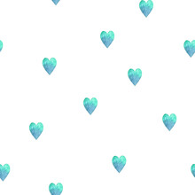 Watercolor Hand Drawn Seamless Pattern With Irregular Blue Hearts On White Background.Valentine's Day Endless Pattern, Print For Wrapping Paper, Greeting Cards For Anniversary Or Wedding.