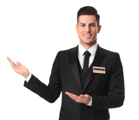 Wall Mural - Portrait of happy receptionist in uniform on white background