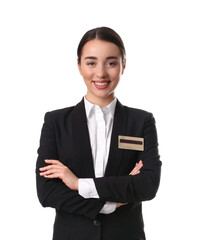 Poster - Portrait of happy young receptionist in uniform on white background