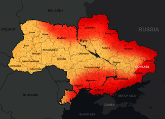 War in Ukraine on map, illustration of general Russian invasion