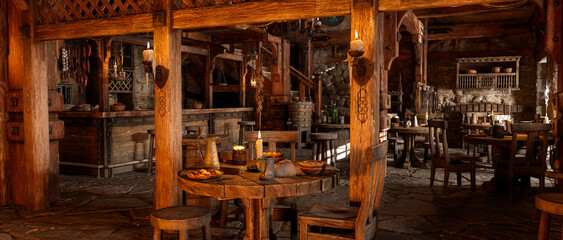 Poster - Wide panorama 3D illustration of fantasy medieval tavern bar.