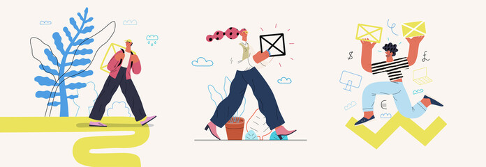 Wall Mural - Startup illustrations set. Flat line vector modern concept illustration of people, startup metaphor. Concept of building new business, planning, strategy, teamwork and management. Company processes