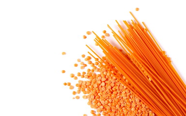 Spaghetti made from red grain lentils, pasta isolated on white 