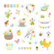 © OlyaOk - Easter spring set with cute cartoon characters and design elements eggs, chickens, birds, easter buns, bees, butterflies. Hand drawn flat cartoon elements. Vector illustration spring collection.