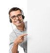 Male consultant of call center in eyeglasses with blank paper sheet on white background