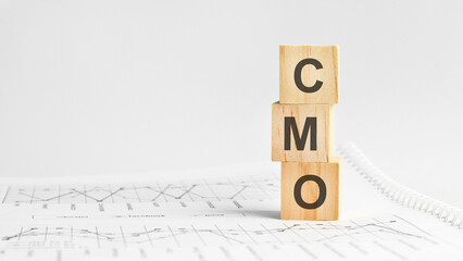 Sticker - cmo - letters on wooden cubes. concept on cubes and diagrams on a gray background. business as usual concept imag