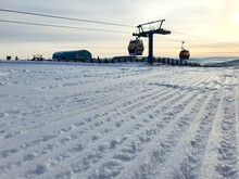 Morning On The Prepared Ski Track. Sunset On The Ski Slope