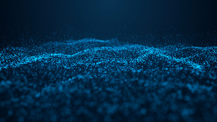 Wall Mural - Wave of particles. Abstract background with a dynamic wave. Blue background with moving particles. 3d rendering.