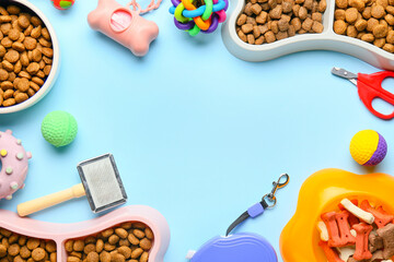 Wall Mural - Frame made of different pet care accessories and food on color background, closeup