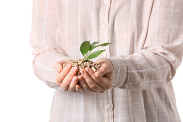 Wall Mural - Woman holding pile of wood pellets on white background