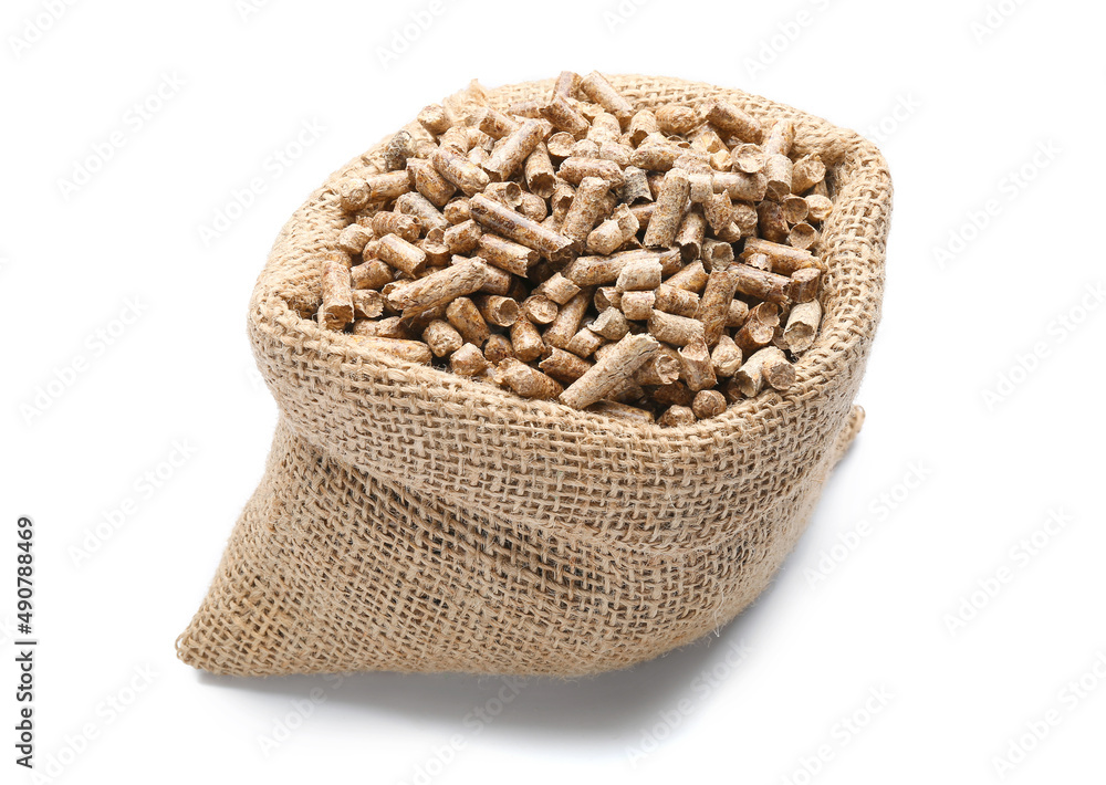 Sack with wood pellets on white background