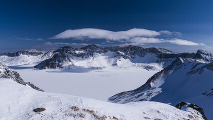 Wall Mural - Scenic view of the Changbai Mountain in winter in Jilin, China on blue sky background