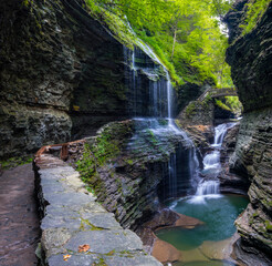 Sticker - Rainbow Falls at Watkins Glen State Park, Finger lake region, upstate New York, USA