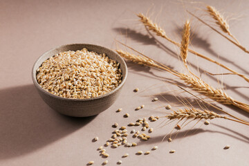 Wall Mural - Organic uncooked dried barley cereal grain in a bowl