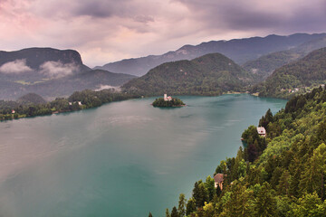 Wall Mural - Breathtaking view of the river surrounded by misty forests