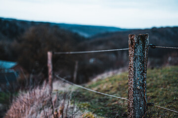 Poster - Fence with wooden columns and blurred background