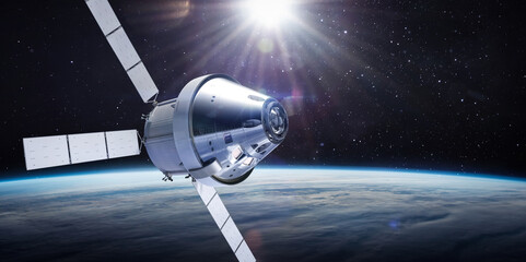 Poster - Orion spacecraft in space. Spaceship on orbit of Earth. Sci-fi wallpaper. Artemis space program. Expedition to Moon. Space shuttle with astronauts. Elements of this image furnished by NASA 