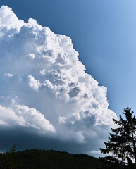 Wall Mural - vertical shot of puffy clouds in the sunny sky over a hill