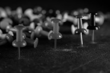 Grayscale Shot Of Thumbtacks Or Board Pins