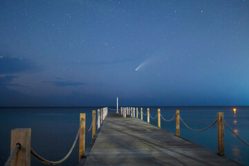 Wall Mural - Landscape view of a pier on the beach and starry sky