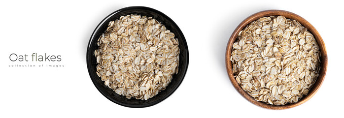 Wall Mural - Oat flakes in wooden plate isolated on a white background.