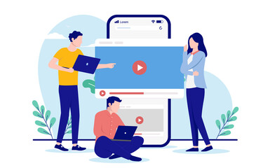 People working on business video content - Three people in marketing department working on computers with social media and advertisement. Flat design vector illustration with white background