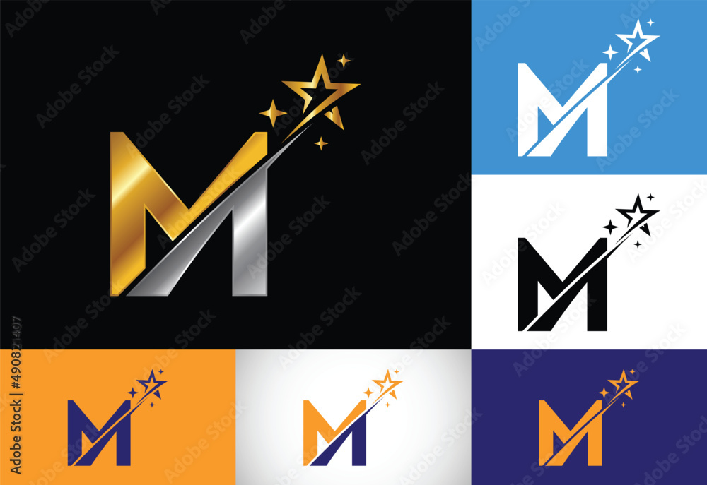 Initial M monogram letter alphabet with swoosh and star logo icon ...