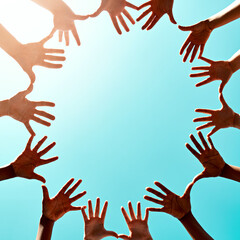Poster - We are one. Cropped shot of a group of unidentifiable businesspeople joining their hands in a gesture of unity.