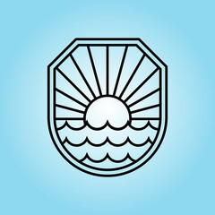 Poster - Ocean Sun Wave badge Logo line art Design illustration